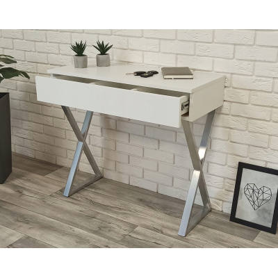 TOALETKA BIAŁA MATOWA SZUFLADĄ SREBRNE NÓŻKI 90CM